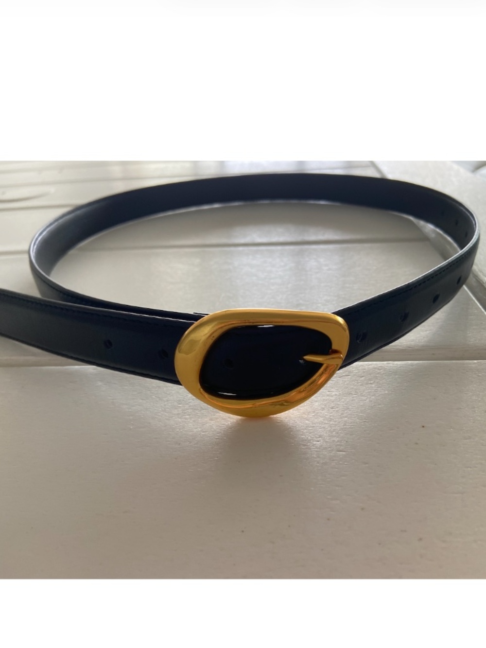 Black Leather Belt W Asymmetric gold tone hardware (MED)